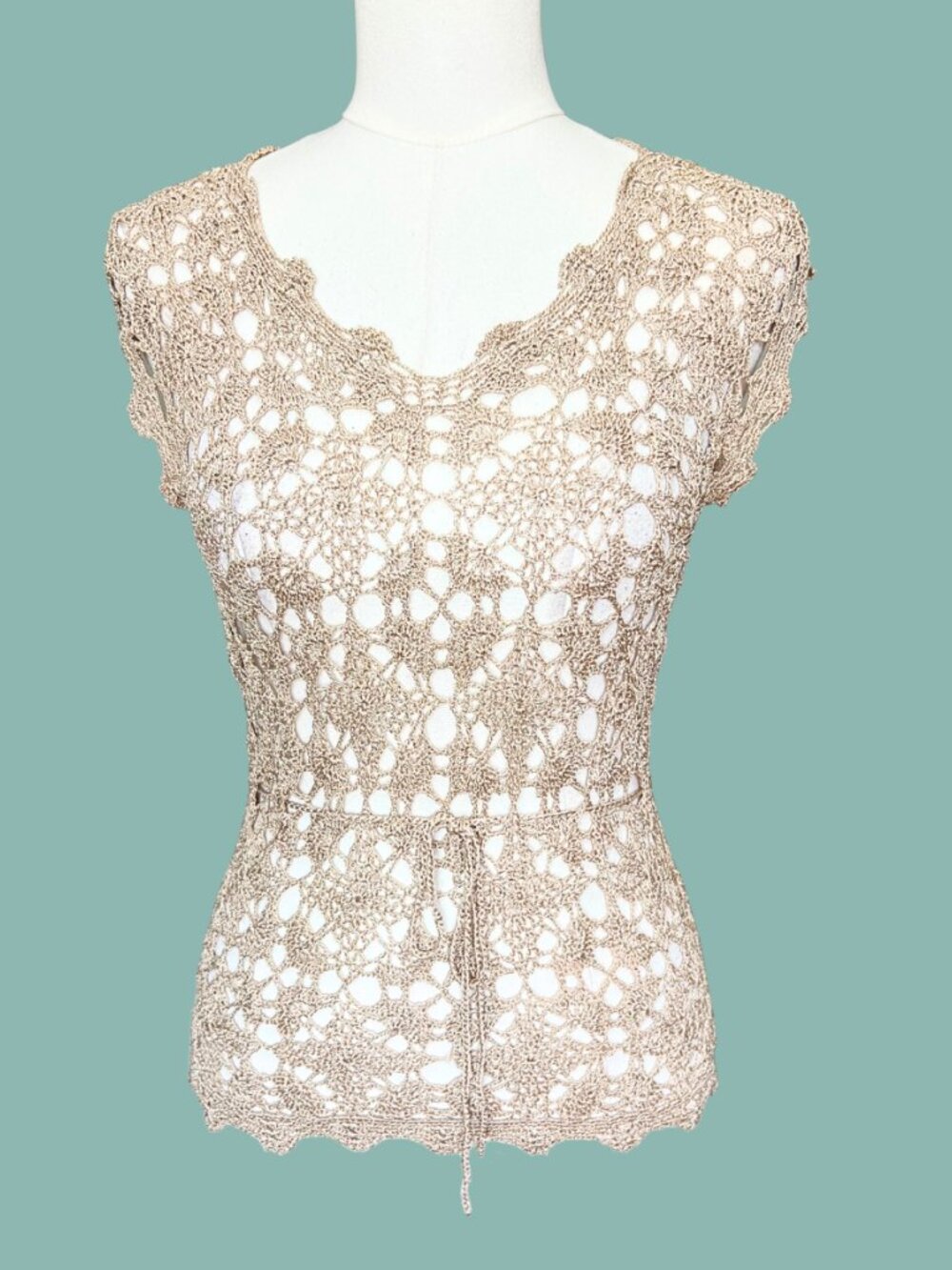 Y2K Cream Crochet Lace-Up Boho Top